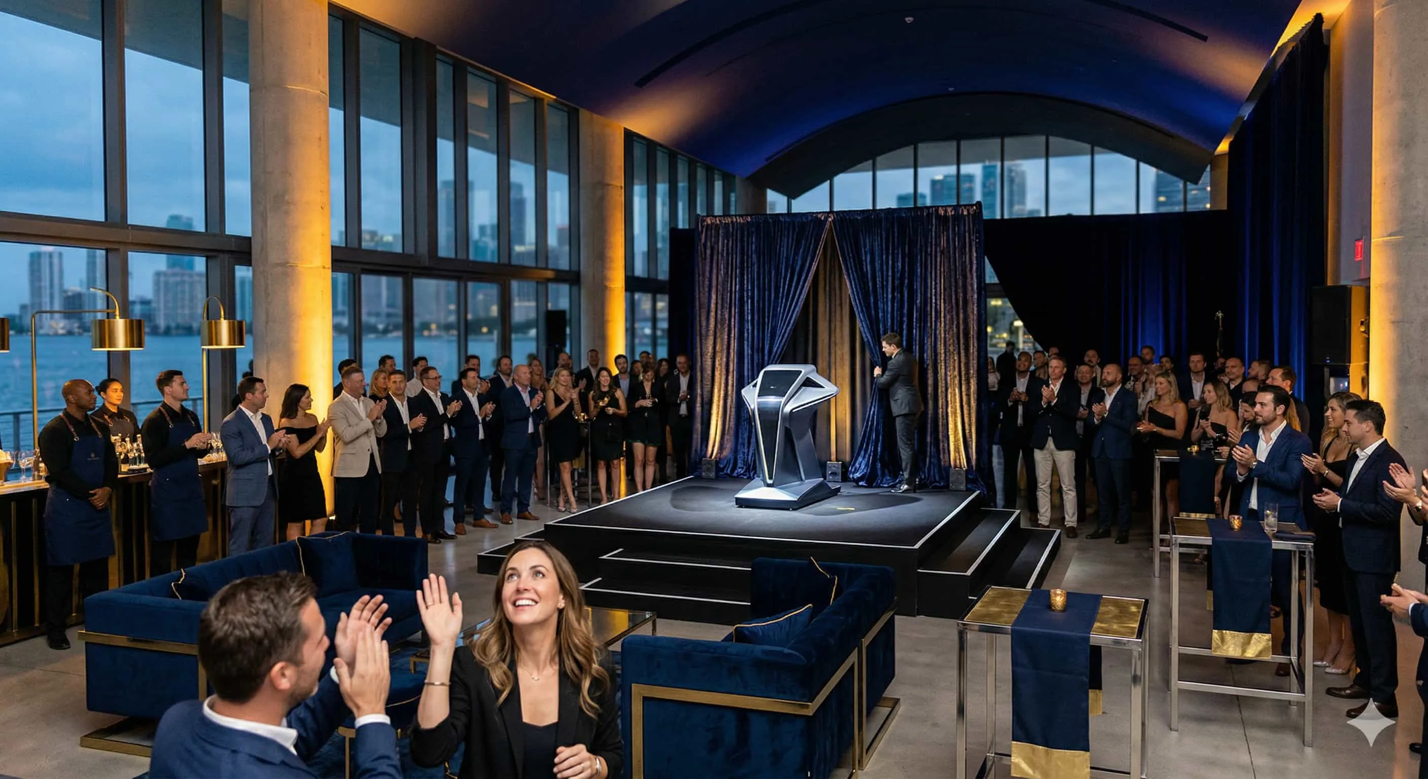 Product launch event with premium staging and engaged guests